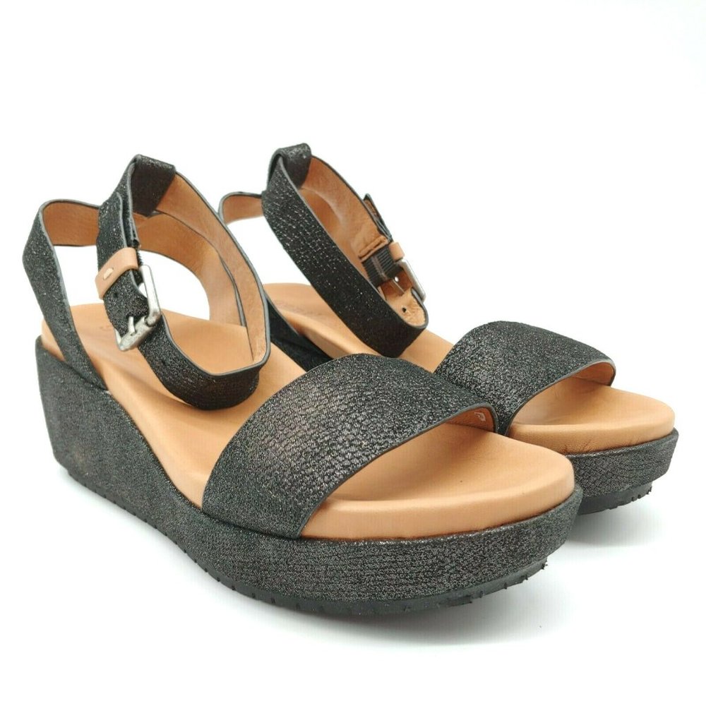 Gentle Souls Morrie Black Sparkle Ankle Strap Wedge Sandal NEW